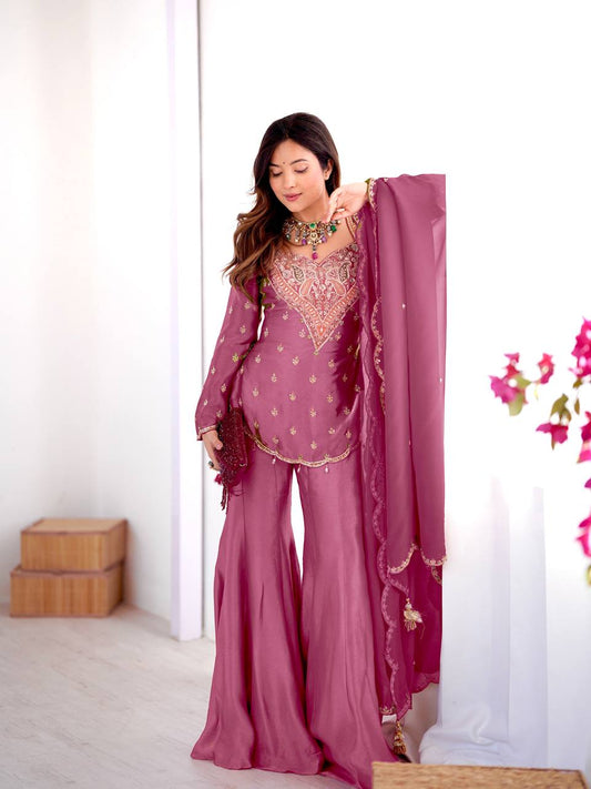 Beautiful Pink Color Embroidered Sequence Palazzo Suit With Dupatta