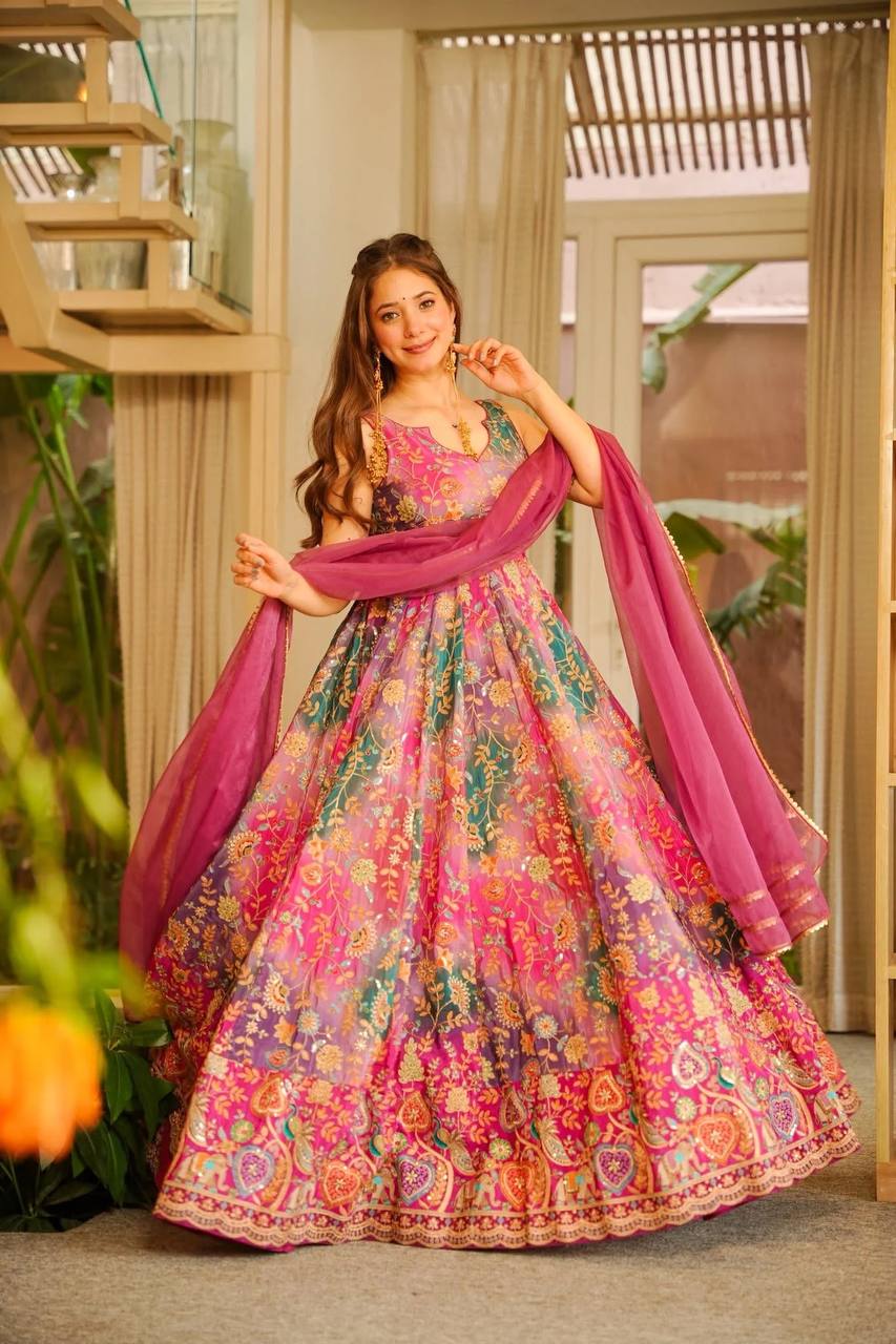 Beautiful Pink Color Jimmy Organza Silk Anarkali Gown