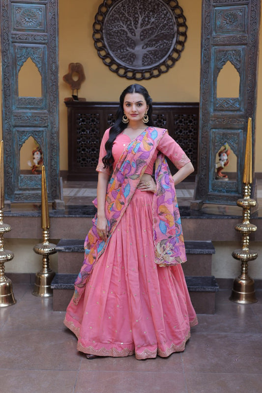 Beautiful Pink Color Zari Sequence Embroidered Lehenga Choli