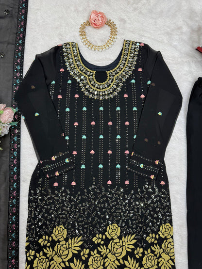 Occasion Wear Black Color Faux Georgette Thread And Sequence Work Salwar Suit