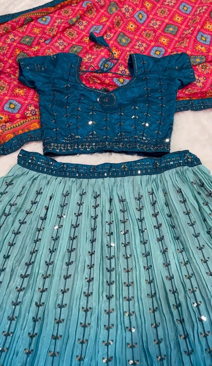 Wedding Wear Sky Blue Color Shaded Chinon Silk Sequins And Thread Embroidery Work Lehenga Choli