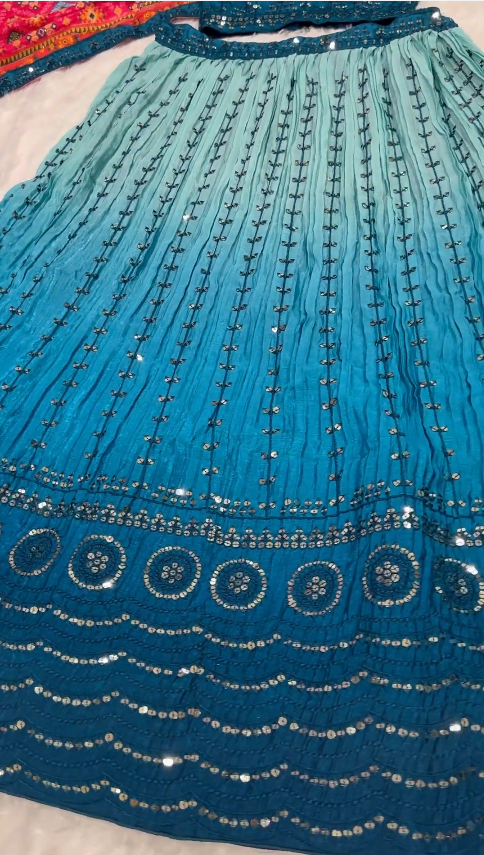 Wedding Wear Sky Blue Color Shaded Chinon Silk Sequins And Thread Embroidery Work Lehenga Choli