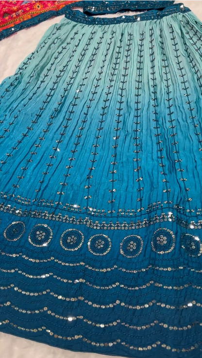 Wedding Wear Sky Blue Color Shaded Chinon Silk Sequins And Thread Embroidery Work Lehenga Choli