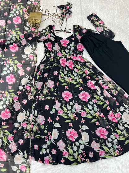 Gorgeous Flower Print Black Color Anarkali Gown