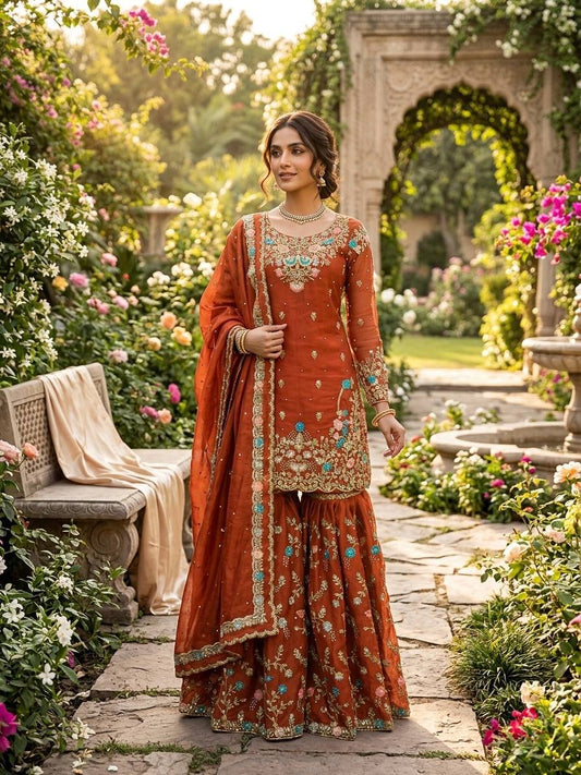 Captivating Orange Color Sequence Moti Work Sharara Suit