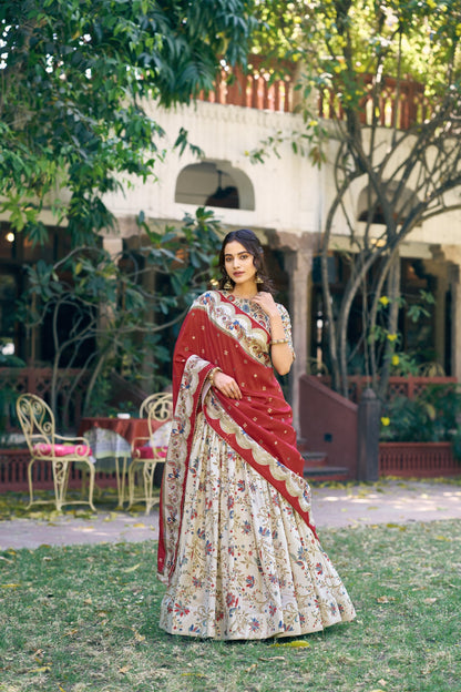 Captivating White Color Tasar Silk Foil Print Lehenga Choli