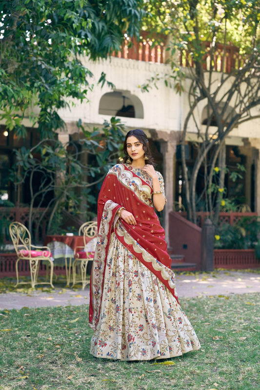 Captivating White Color Tasar Silk Foil Print Lehenga Choli