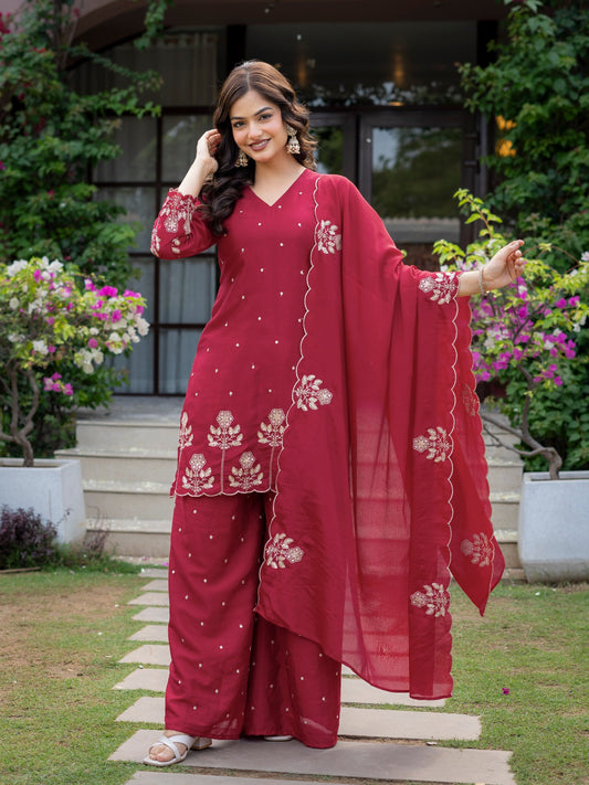Ceremony Wear Maroon Color Chinnon Embroidered Palazzo Suit