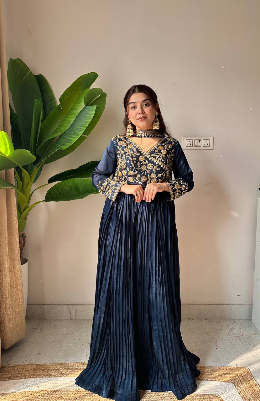Ceremony Wear Navy Blue Color Sequence Embroidered Work Gown