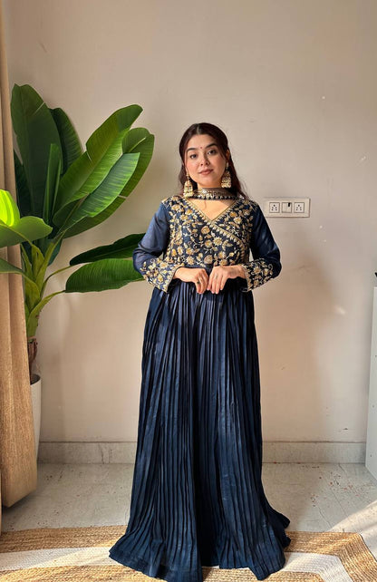 Ceremony Wear Navy Blue Color Sequence Embroidered Work Gown