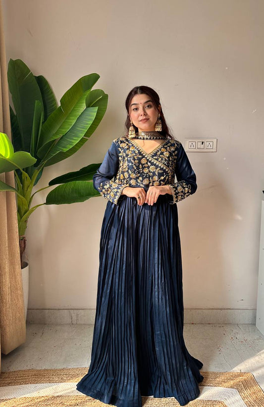 Ceremony Wear Navy Blue Color Sequence Embroidered Work Gown