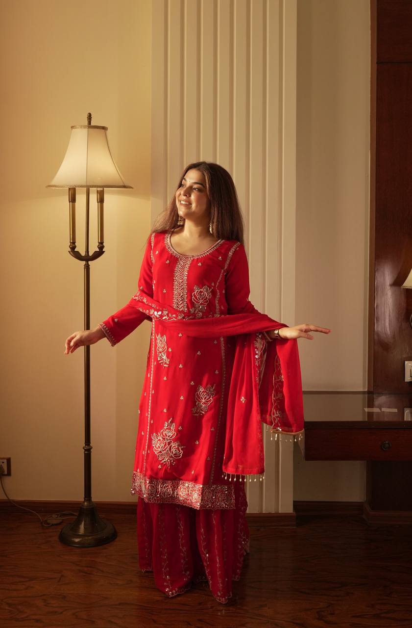 Charming Red Color Faux Georgette Sequence Embroidered Sharara Suit
