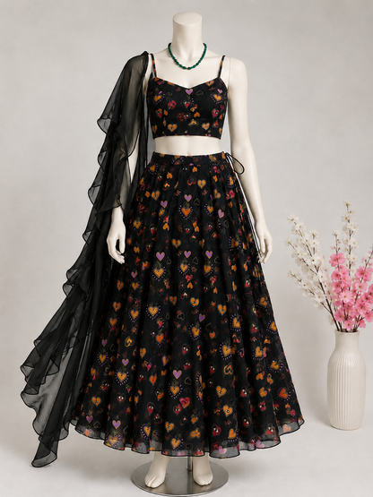 Designer Black Color Organza Silk Digital Print Lehenga Choli