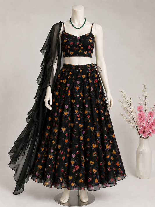 Designer Black Color Organza Silk Digital Print Lehenga Choli