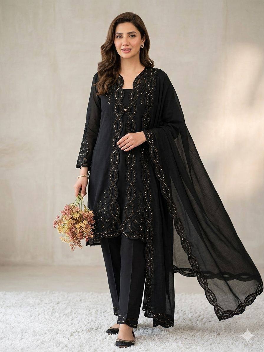 Classic Black Color Mal Chanderi Stylish Cut Work Kurti Set