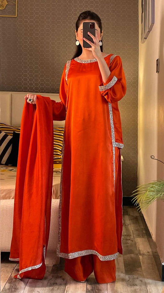 Classic Orange Color Natural Crepe Beads Work Palazzo Suit