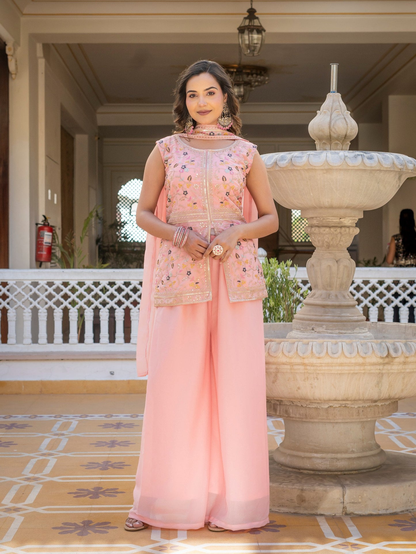 Classic Pink Color Star Georgette Embroidered Palazzo Suit