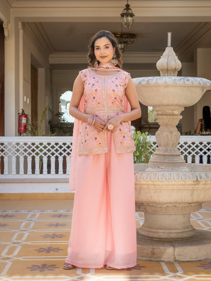 Classic Pink Color Star Georgette Embroidered Palazzo Suit