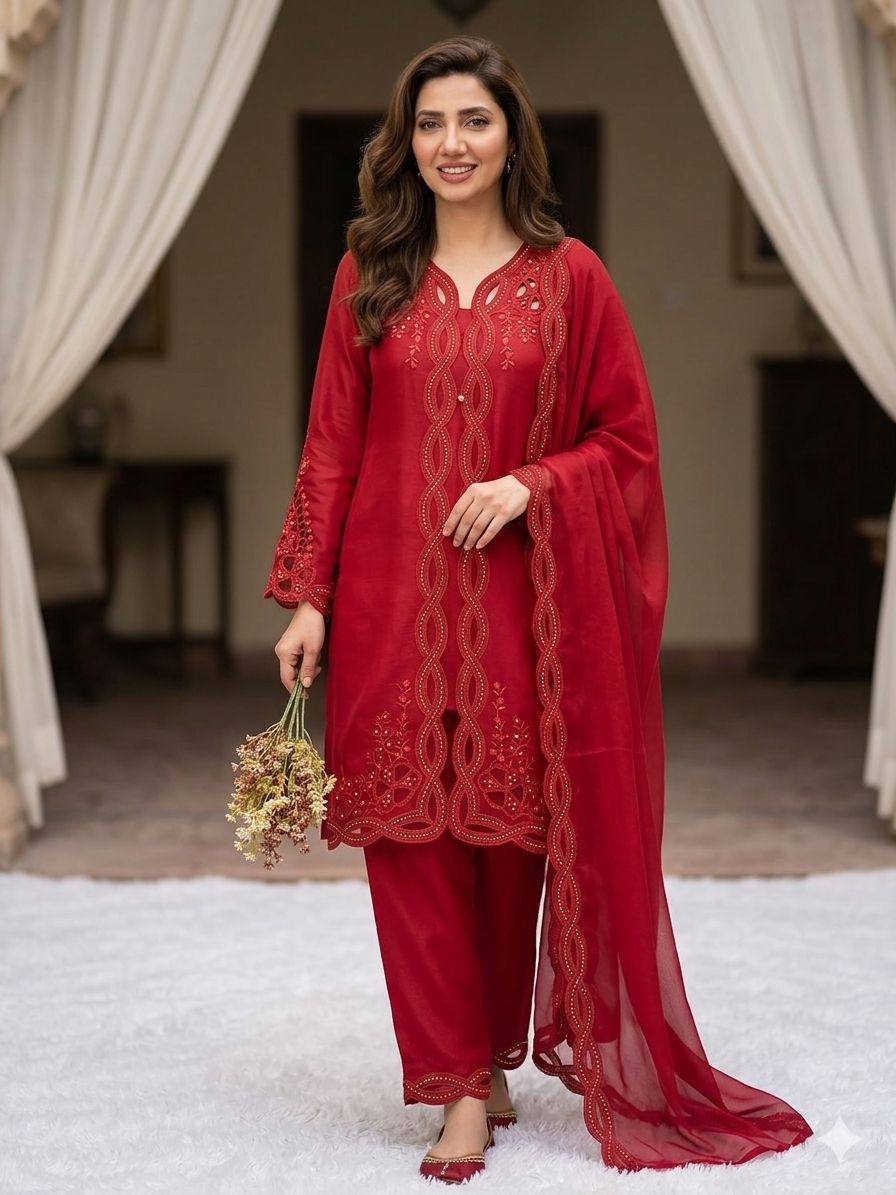 Classy Red Color Mal Chanderi Stylish Embroidered Work Kurti Set