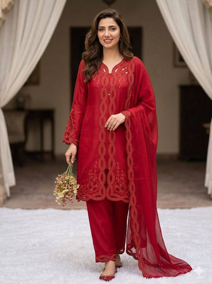 Classy Red Color Mal Chanderi Stylish Embroidered Work Kurti Set