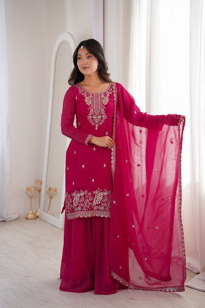 Beautiful Pink Color Sequence Embroidered Sharara Suit With Dupatta