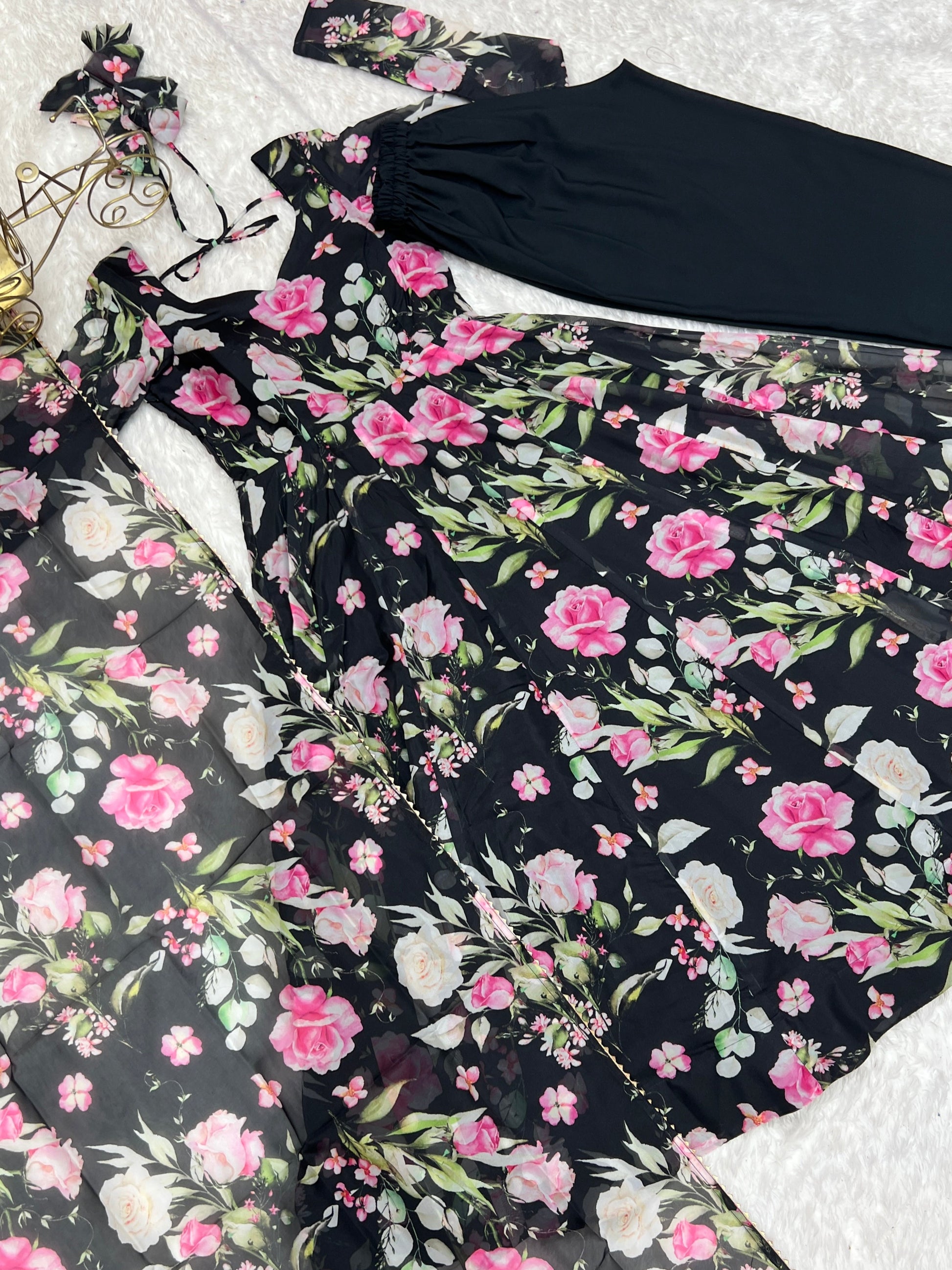 Gorgeous Flower Print Black Color Anarkali Gown