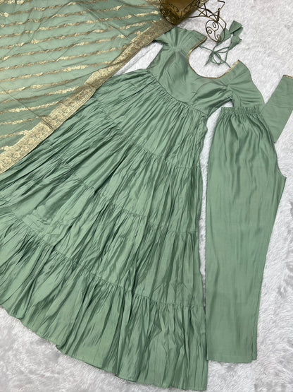 Charming Pista Color Pure Roman Silk Chanderi Fabric Fully Flair Anarkali Gown With Dupatta