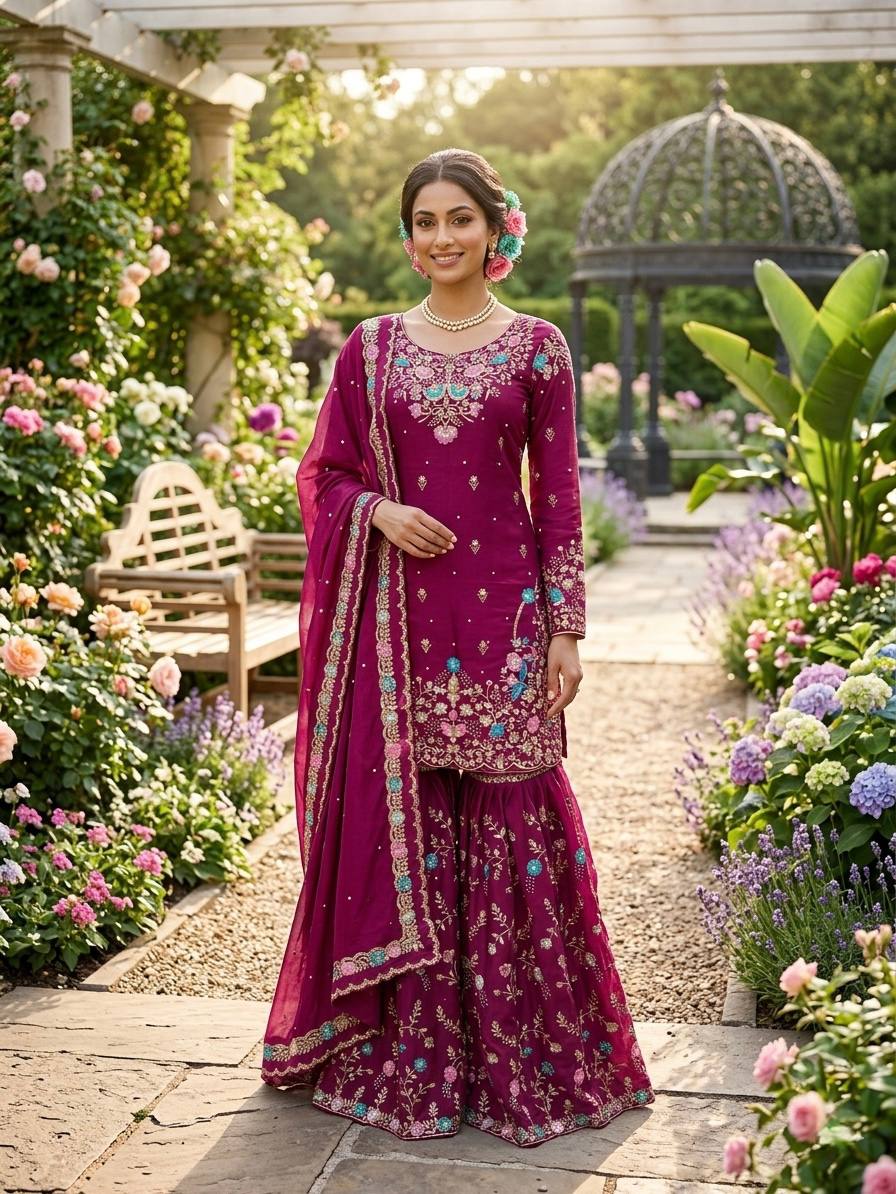 Dazzling Pink Color Sequence Moti Work Sharara Suit