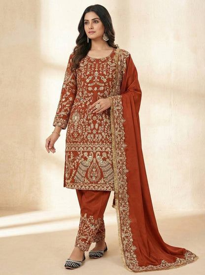Delightful Orange Color Heavy Embroidered Sequence Work Salwar Suit