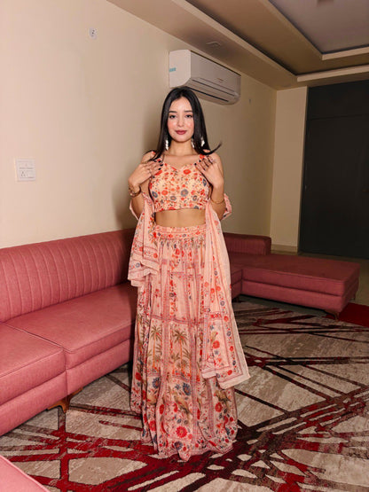 Delightful Orange Color Pure Organza Floral Printed Lehenga Choli
