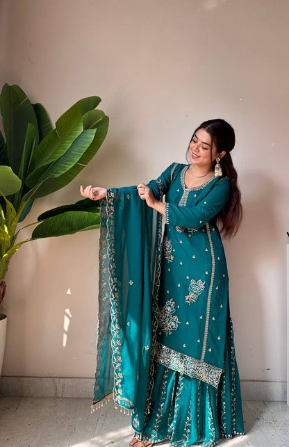 Demanding Green Color Faux Georgette Sequence Embroidered Sharara Suit