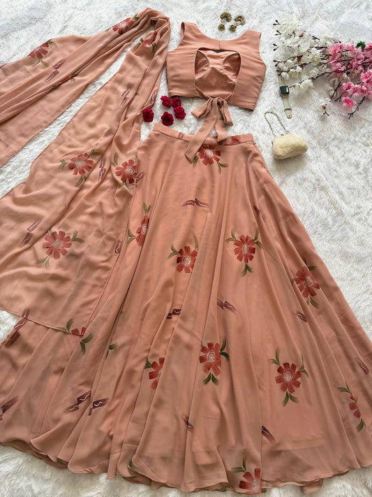 Demanding Peach Color Georgette Handpanited Lehenga Choli