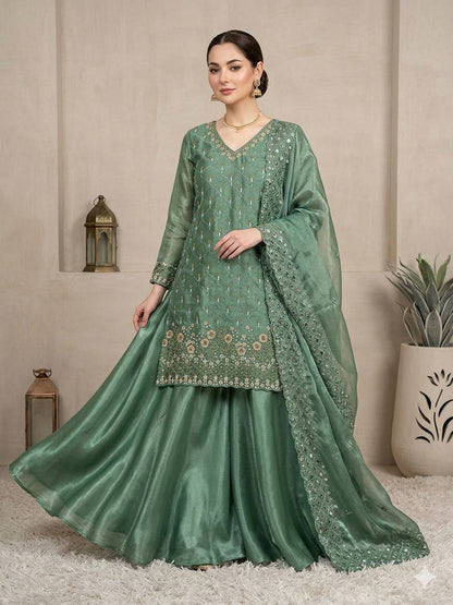 Designer Green Color Beads With Embroidered Work Palazzo Suit