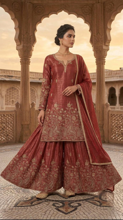 Designer Orange Color Heavy Crunchy Silk Sequence Embroidered Work Sharara Suit