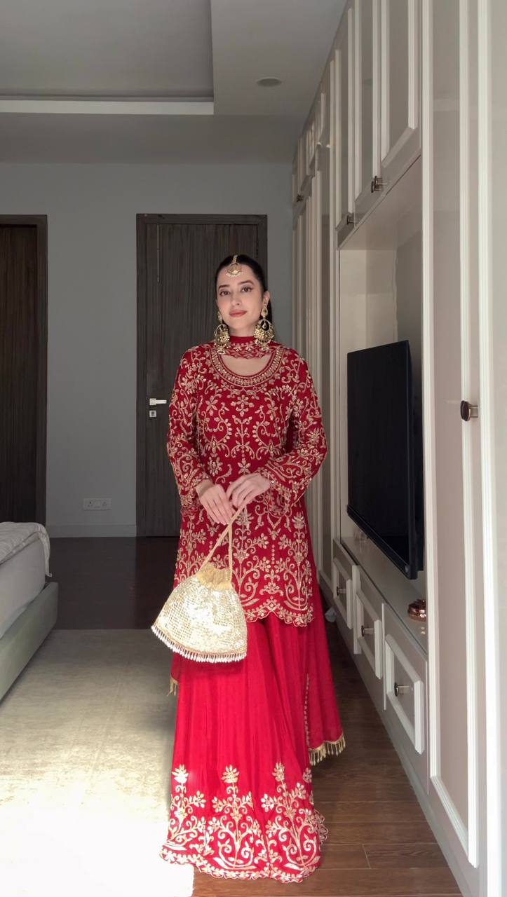Designer Red Color Faux Georgette Thread Embroidered Sharara Suit