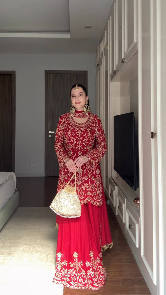 Designer Red Color Faux Georgette Thread Embroidered Sharara Suit