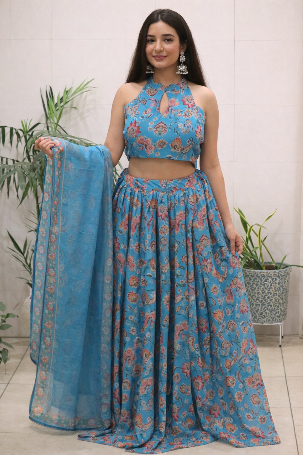 Designer Sky Blue Color Pure Organza Floral Printed Lehenga Choli