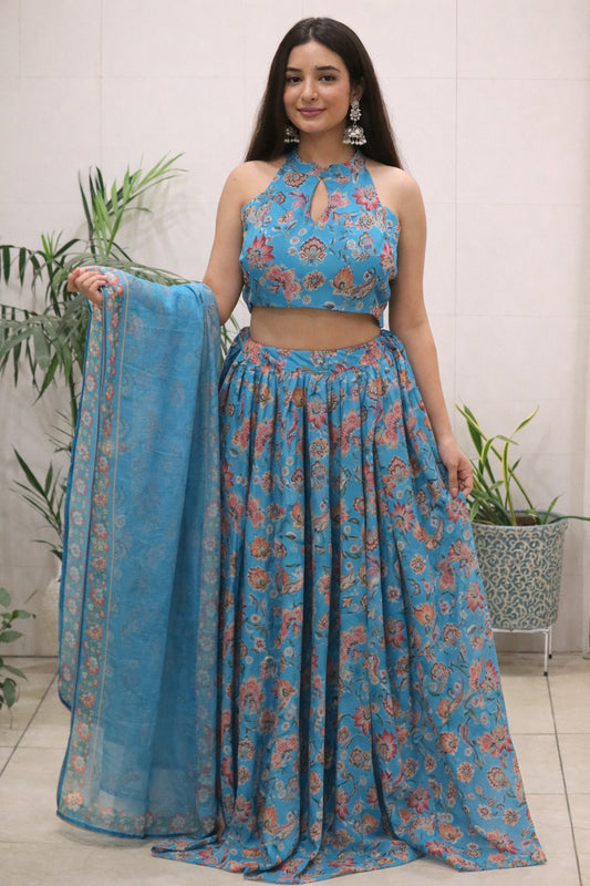 Designer Sky Blue Color Pure Organza Floral Printed Lehenga Choli