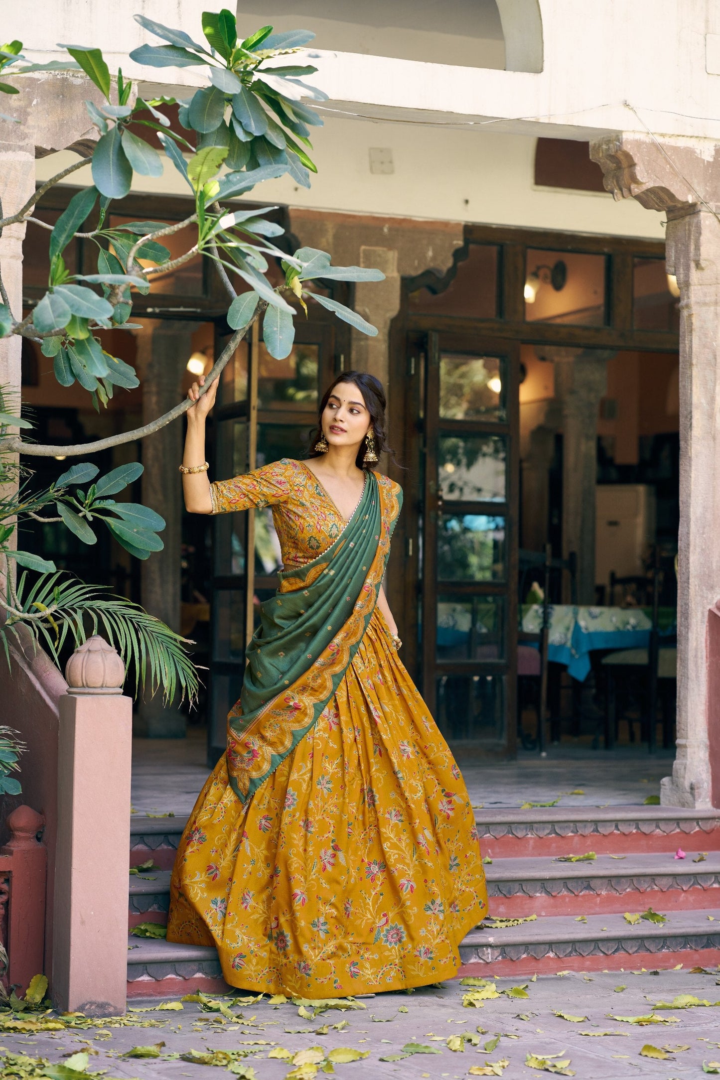 Designer Yellow Color Tasar Silk Foil Print Lehenga Choli