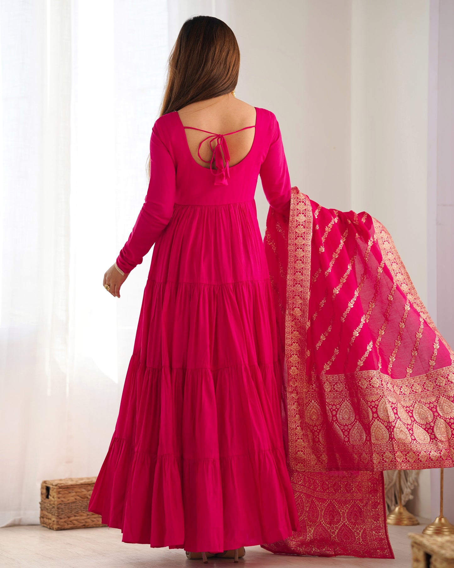 Elegant Pink Color Pure Roman Silk Chanderi Fabric Fully Flair Anarkali Gown With Dupatta