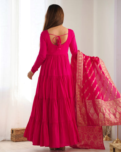 Elegant Pink Color Pure Roman Silk Chanderi Fabric Fully Flair Anarkali Gown With Dupatta