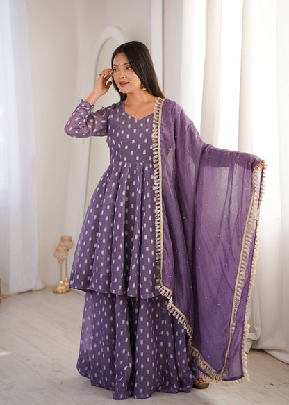 Elegant Purple Color Heavy Crunchy Silk Jacquard Butti Work Sharara Suit