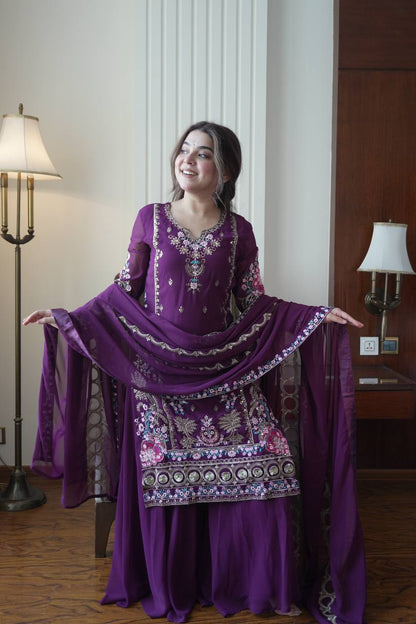 Elegant Purple Color Sequence Embroidered Palazzo Suit