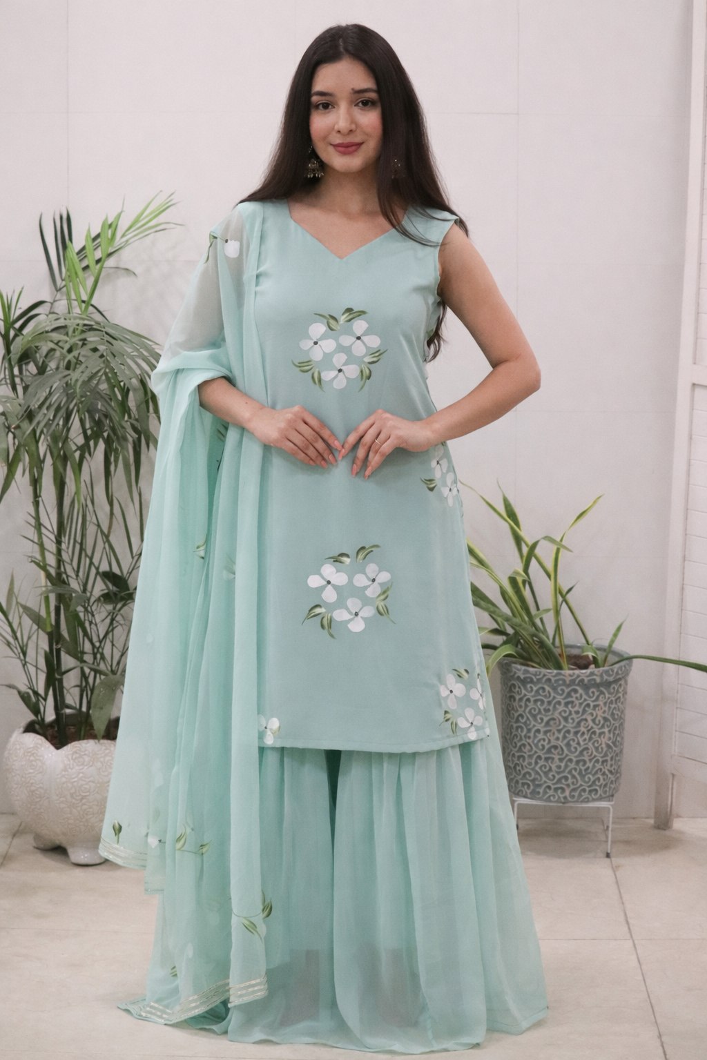 Embellished Light Green Color Pure Georgette Handpainted Sharara Suit
