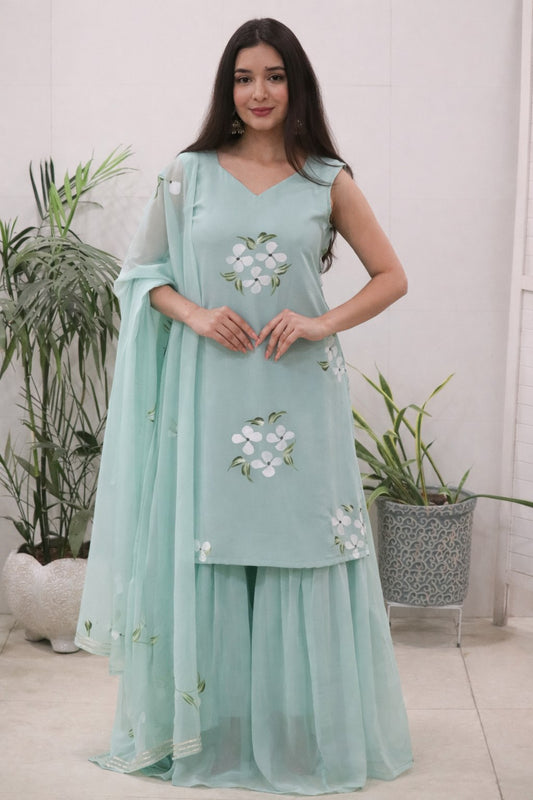 Embellished Light Green Color Pure Georgette Handpainted Sharara Suit
