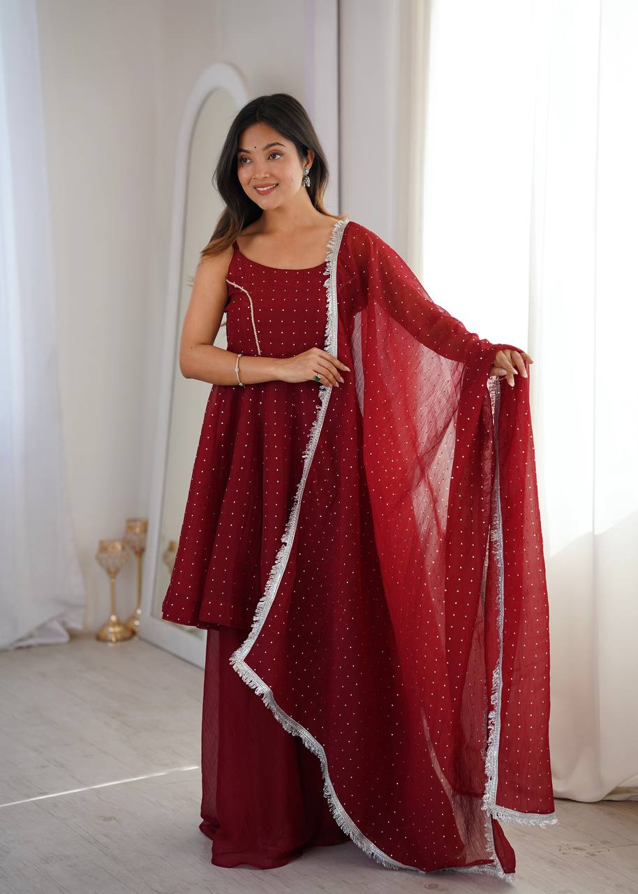 Embellished Maroon Color Crunchy Silk Embroidered Work Palazzo Suit
