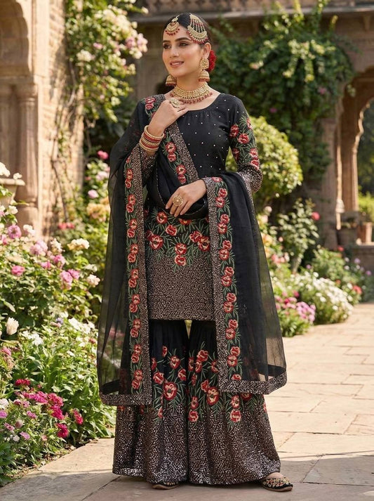 Exclusive Black Color Heavy Embroidered Sequence Work Sharara Suit