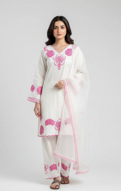Exclusive White Color Embroidery Thread Work Farshi Suit With Dupatta