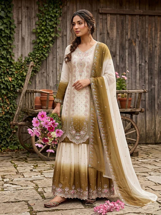 Eye Catching Mehndi Color Embroidered Thread Work Palazzo Suit