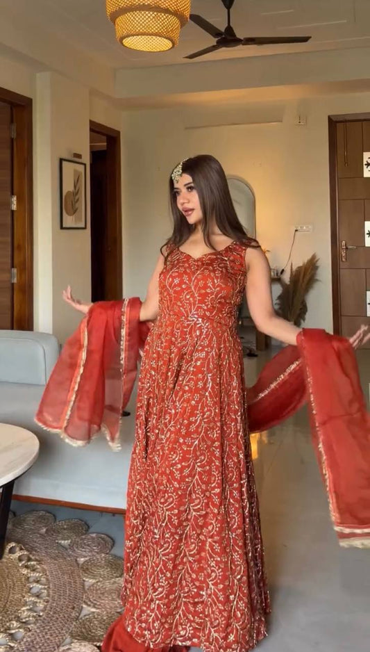 Eye Catching Orange Color Faux Georgette Palazzo Suit With Dupatta